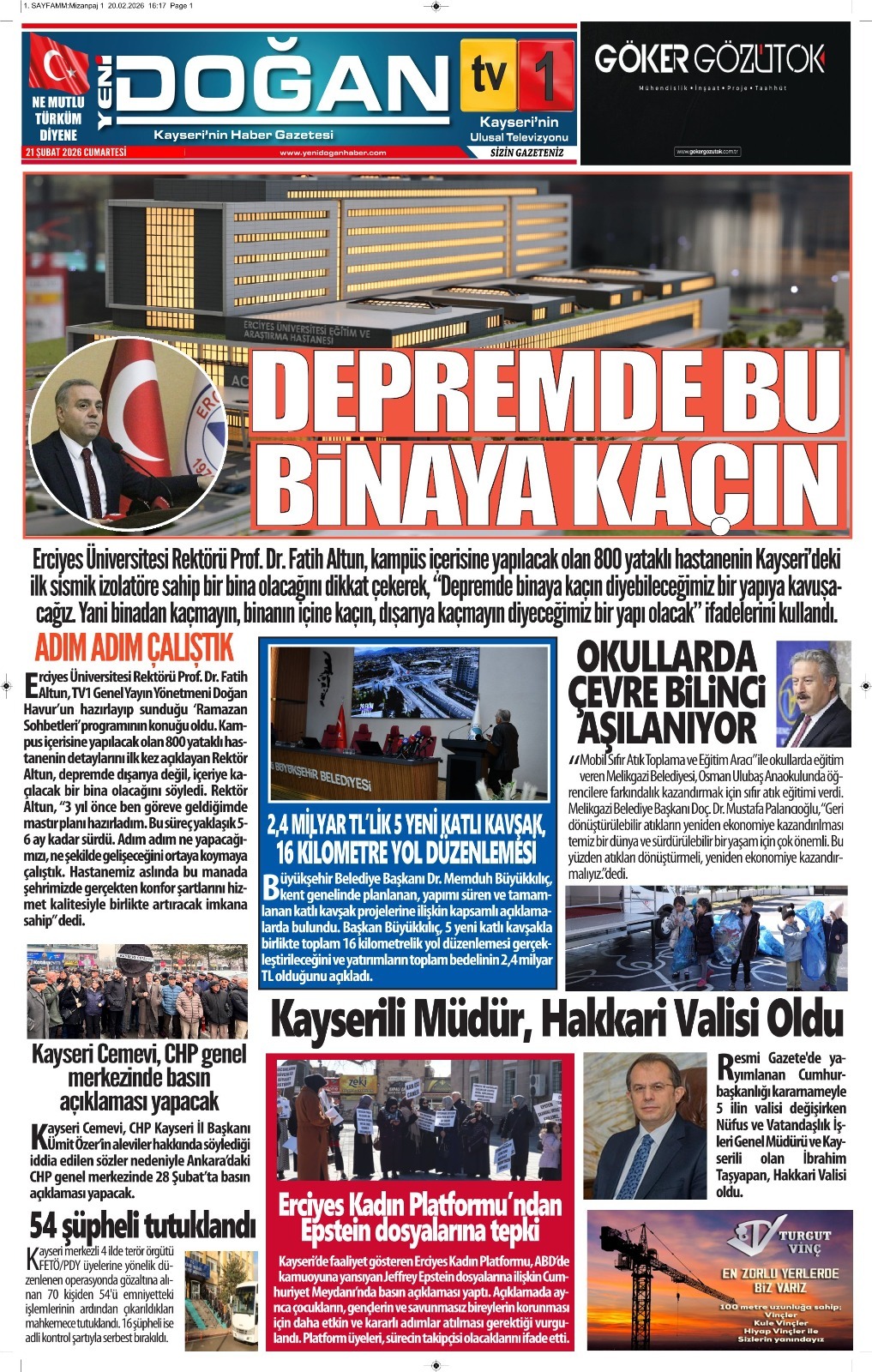 21 ŞUBAT TARİHLİ GAZETEMİZ 